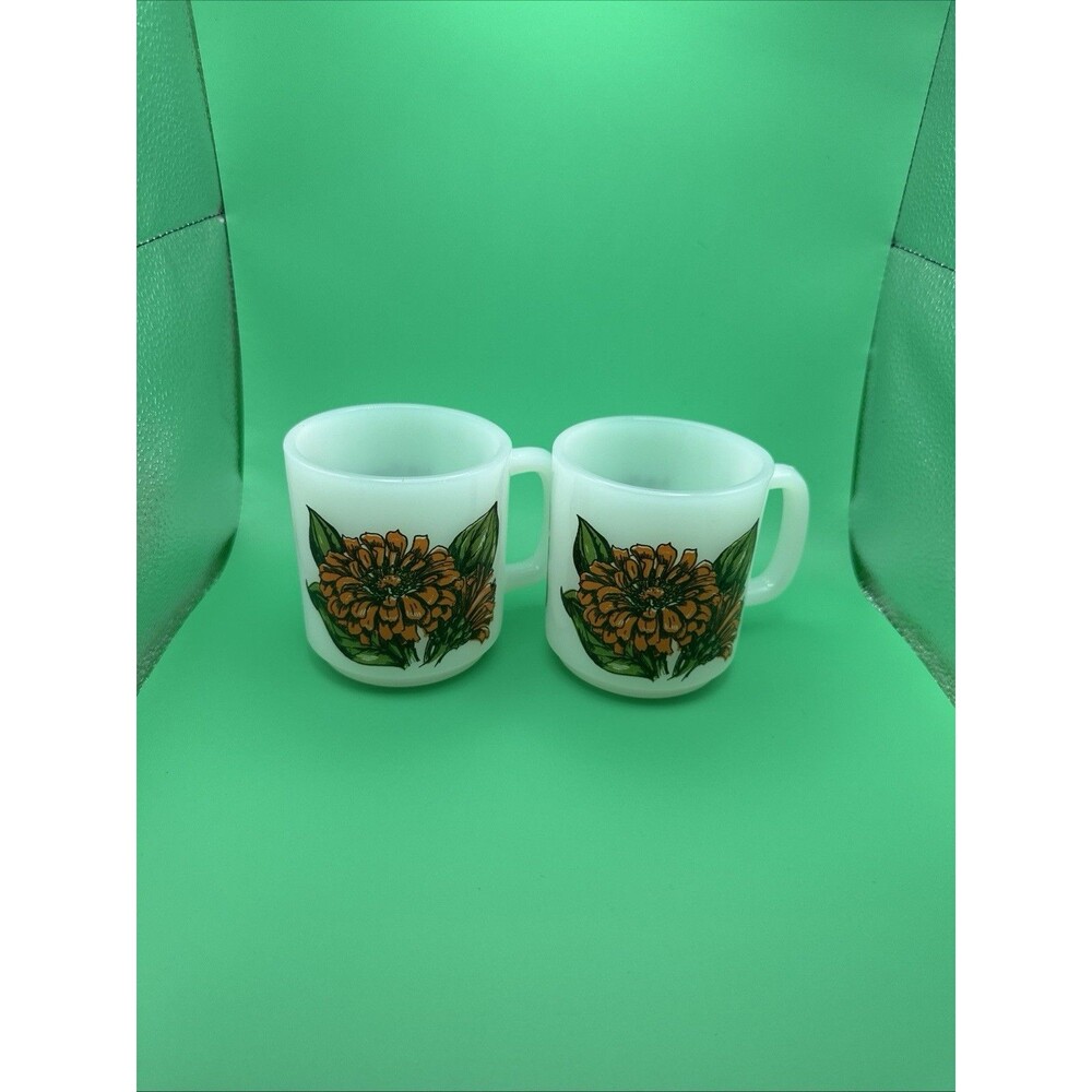 VINTAGE GLASBAKE MILK GLASS MUG COFFEE TEA CUP ORANGE ZINNIA FLOWERS